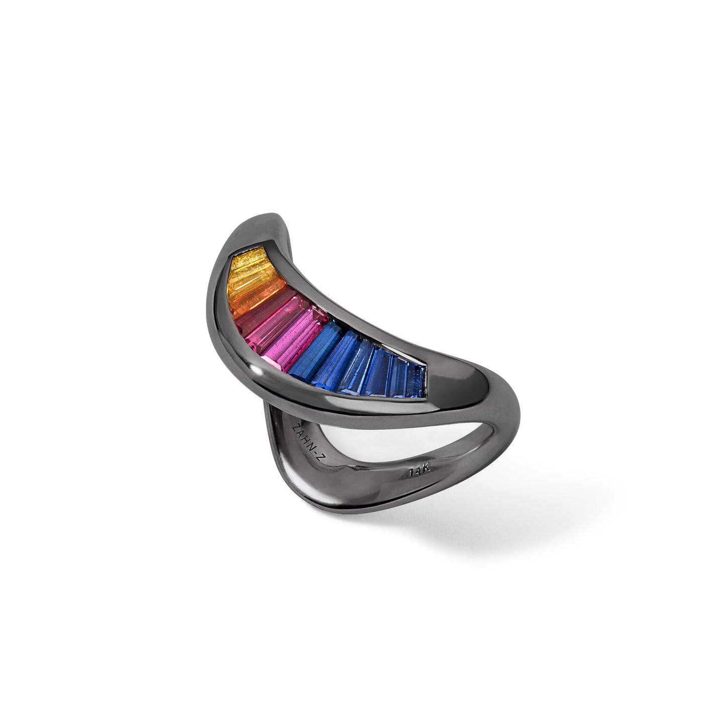Petite ZAHA Blackened Platinum Rainbow Sapphire Baguette